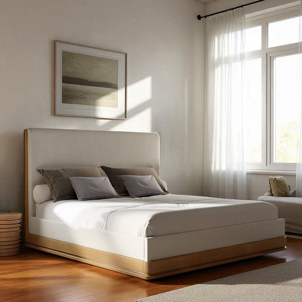 ReForm Creative Home Yami Wood Detail Upholstered Platform Bed - Beige Oak-Free Delivery-USA & CANADA