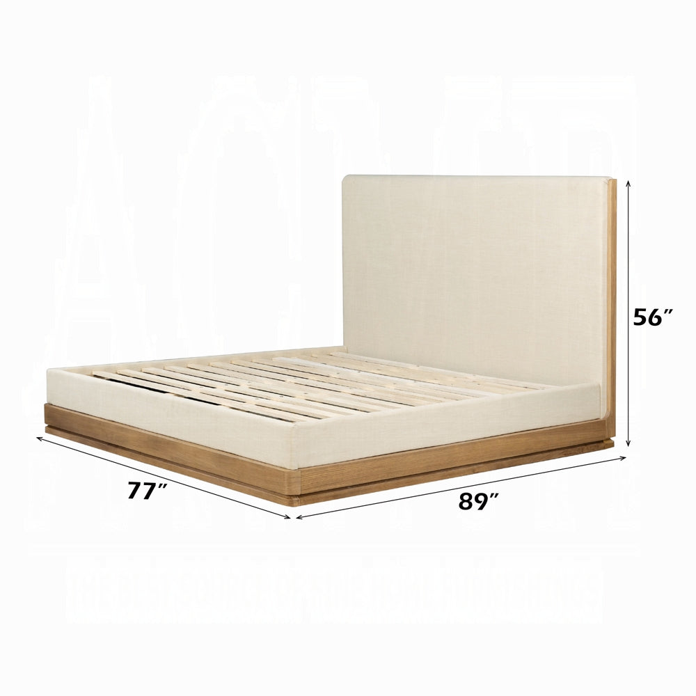 Yami Wood Detail Upholstered Platform Bed - Beige Oak