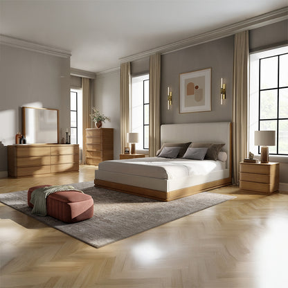 ReForm Creative Home Yami Wood Detail Upholstered Platform Bed - Beige Oak-Free Delivery-USA & CANADA