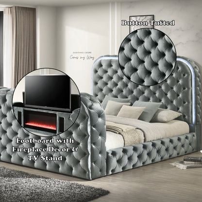 ReForm Creative Home Tagus Smart Platform Bed with LED/ Fireplace/ TV Stand - Grey Free Delivery USA & Canada