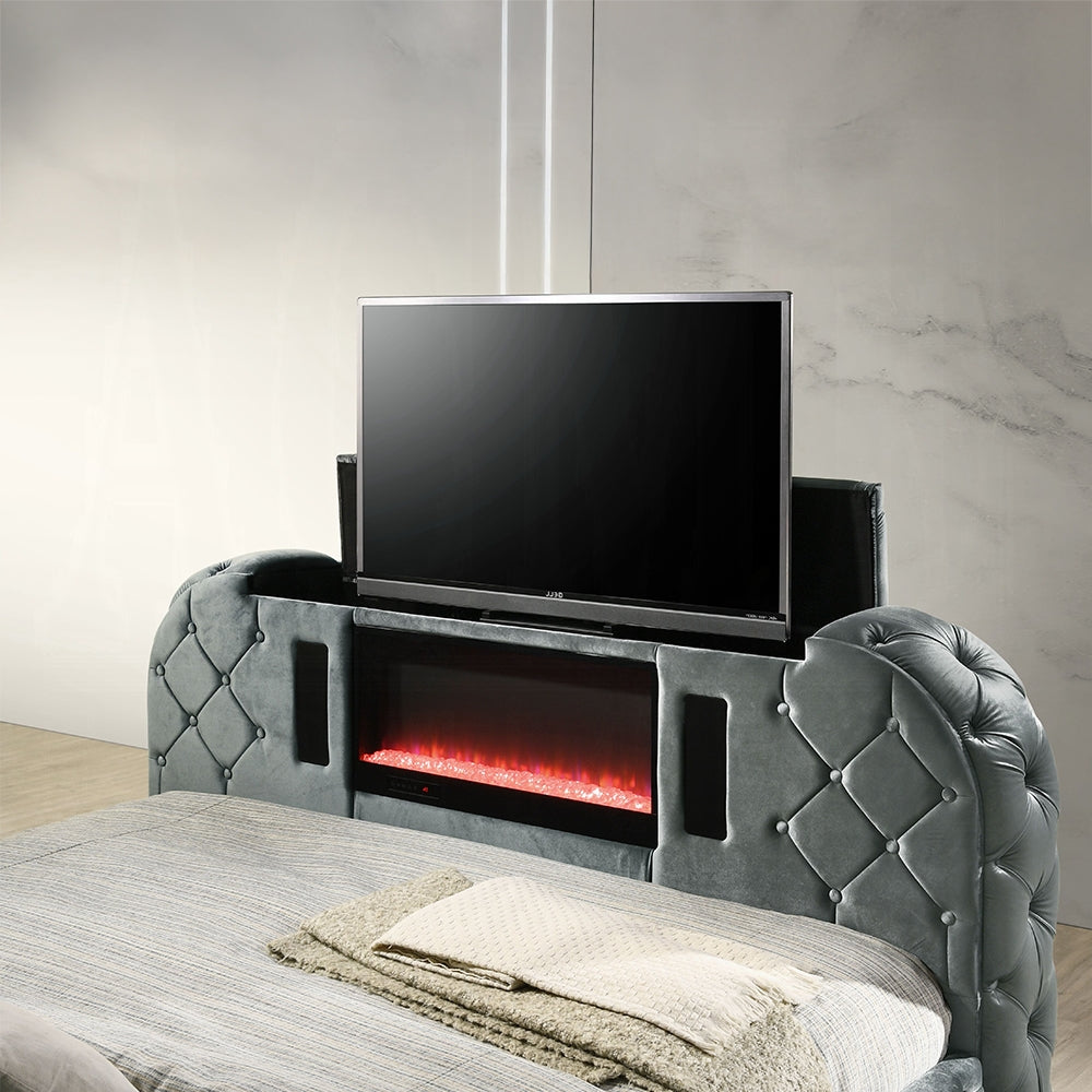 ReForm Creative Home Tagus Smart Platform Bed with LED/ Fireplace/ TV Stand - Grey Free Delivery USA & Canada