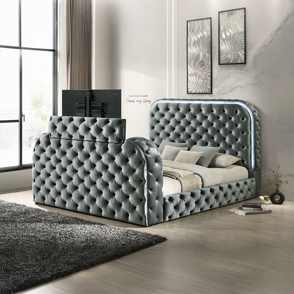 ReForm Creative Home Tagus Smart Platform Bed with LED/ Fireplace/ TV Stand - Grey Free Delivery USA & Canada