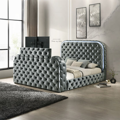 ReForm Creative Home Tagus Smart Platform Bed with LED/ Fireplace/ TV Stand - Grey Free Delivery USA & Canada