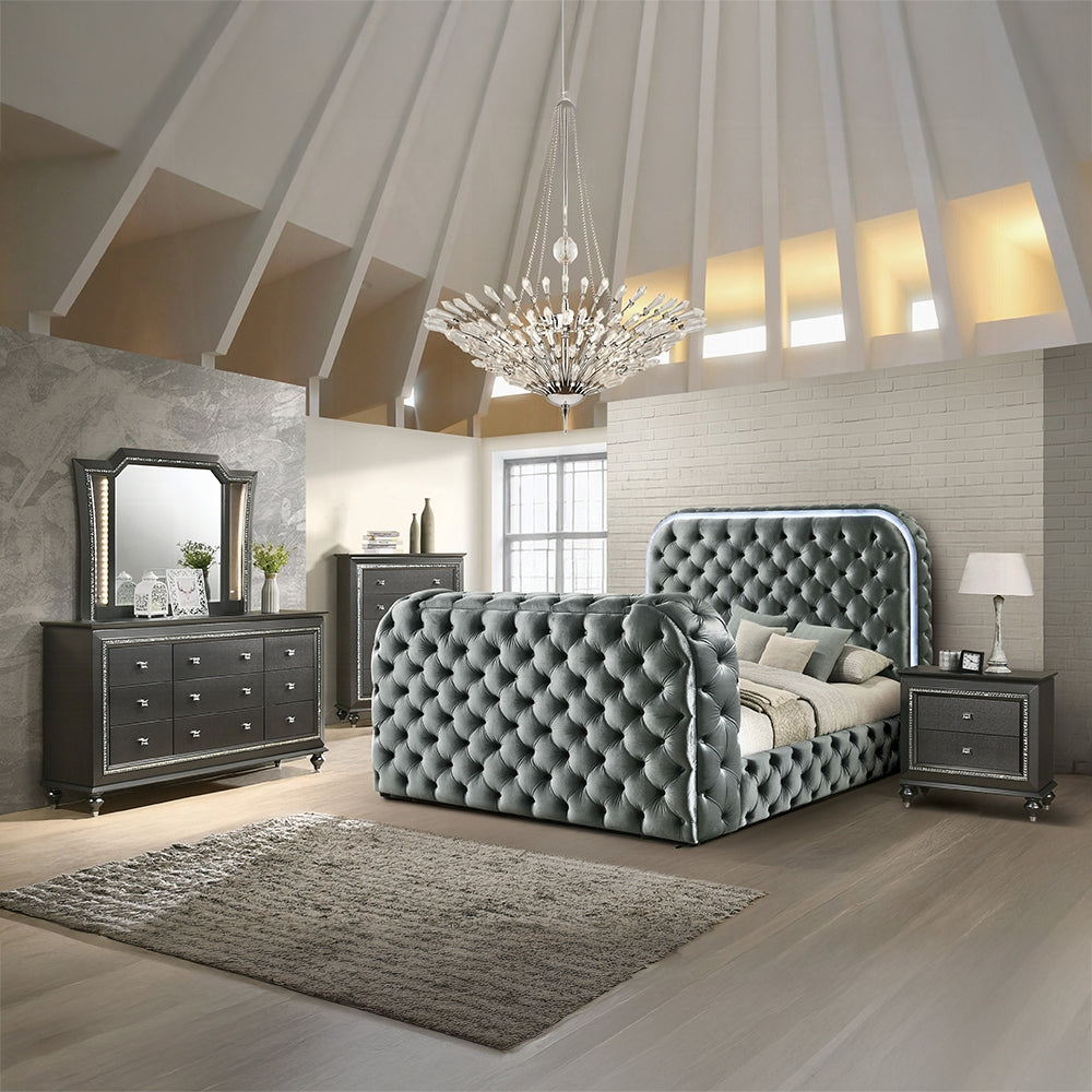 ReForm Creative Home Tagus Smart Platform Bed with LED/ Fireplace/ TV Stand - Grey Free Delivery USA & Canada