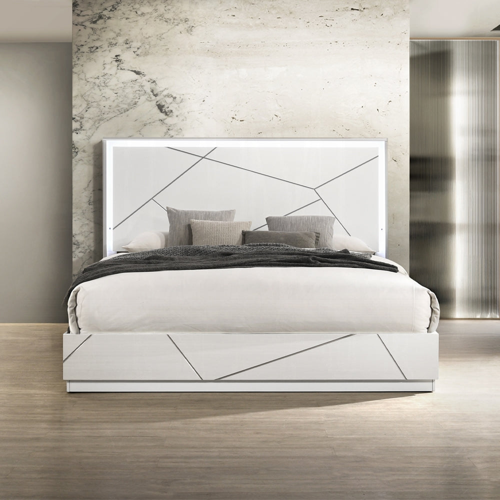 Pearl High Gloss LED Headboard Bed - White