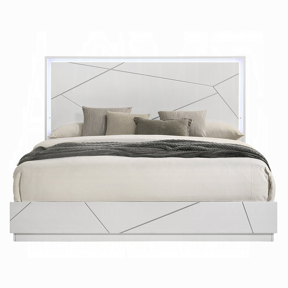 Pearl High Gloss LED Headboard Bed - White