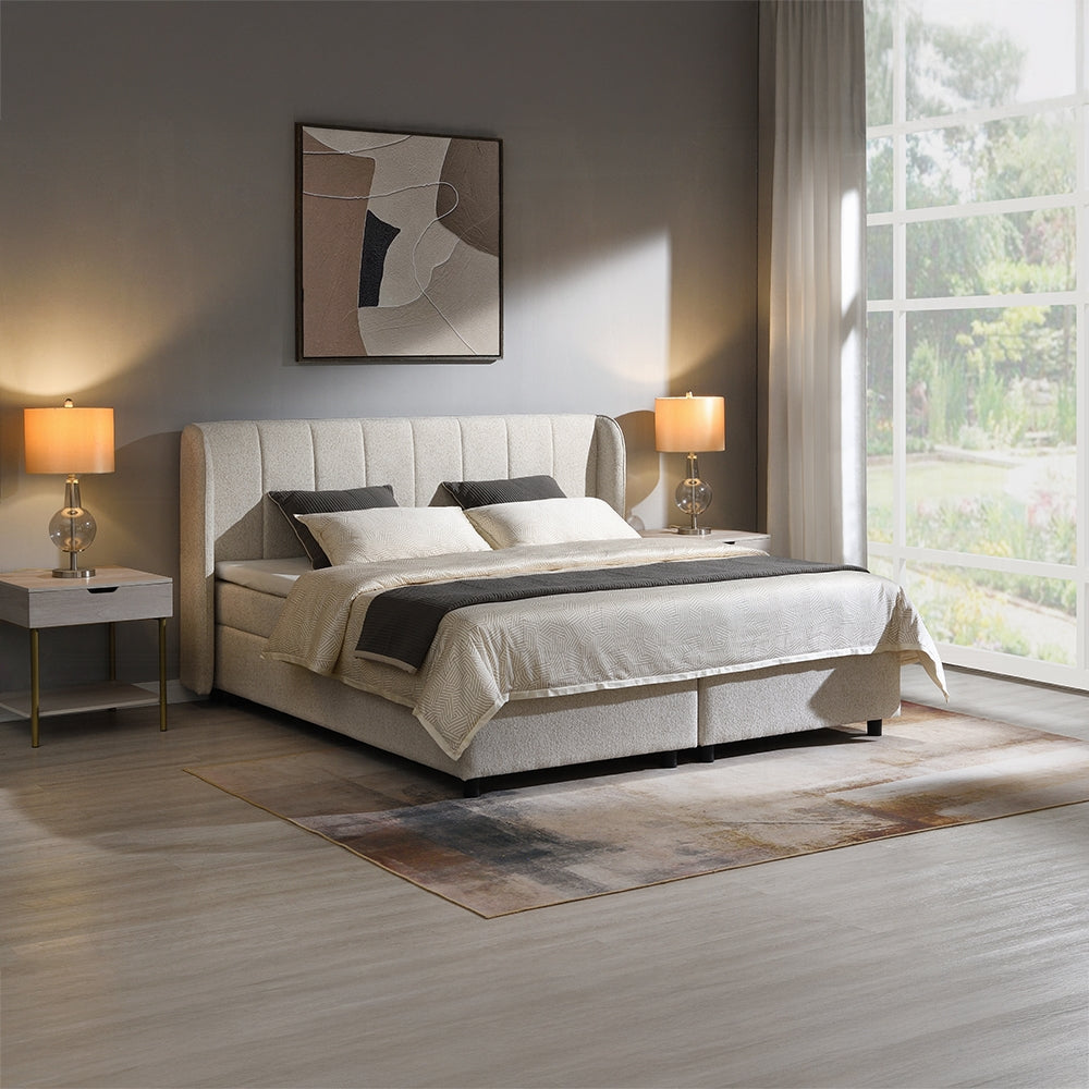 Moni Upholstered Lift Storage Queen Bed - Beige