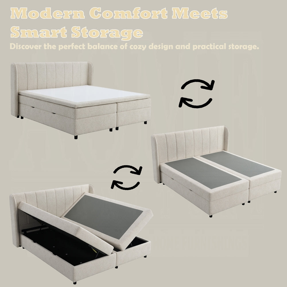 Moni Upholstered Lift Storage Queen Bed - Beige