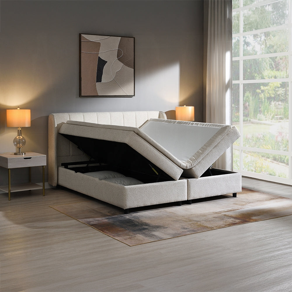 Moni Upholstered Lift Storage Queen Bed - Beige