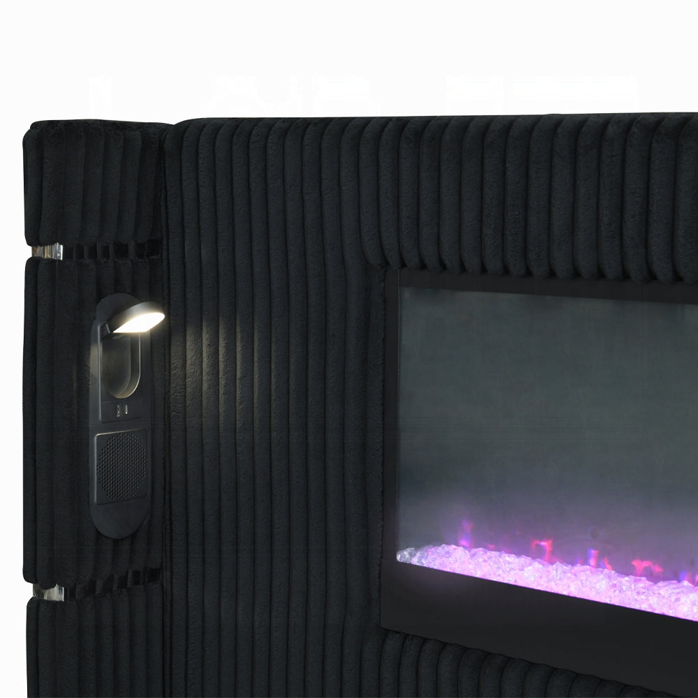 ReForm Creative Home Obsidian Smart Platform Bed with LED/ Fireplace/Reading Light/Speaker/Bluetooth/USB - Black Free Delivery USA & Canada
