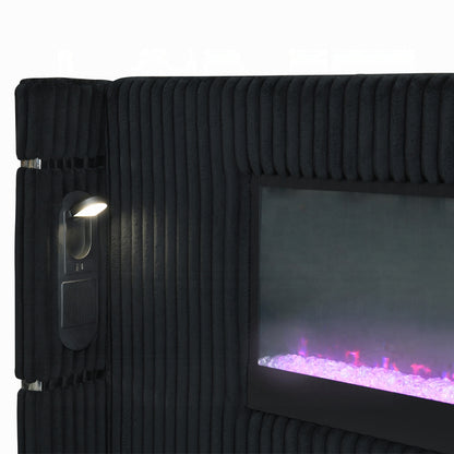 ReForm Creative Home Obsidian Smart Platform Bed with LED/ Fireplace/Reading Light/Speaker/Bluetooth/USB - Black Free Delivery USA & Canada