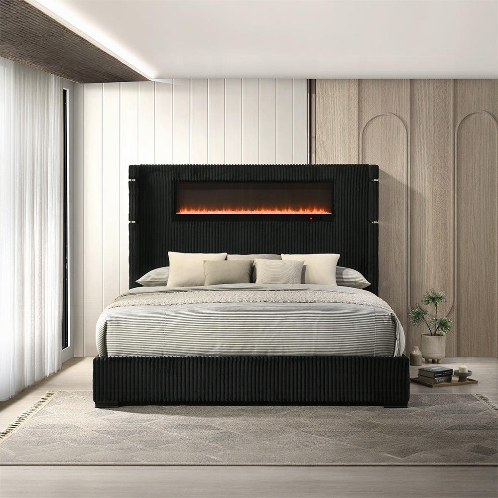 ReForm Creative Home Obsidian Smart Platform Bed with LED/ Fireplace/Reading Light/Speaker/Bluetooth/USB - Black Free Delivery USA & Canada