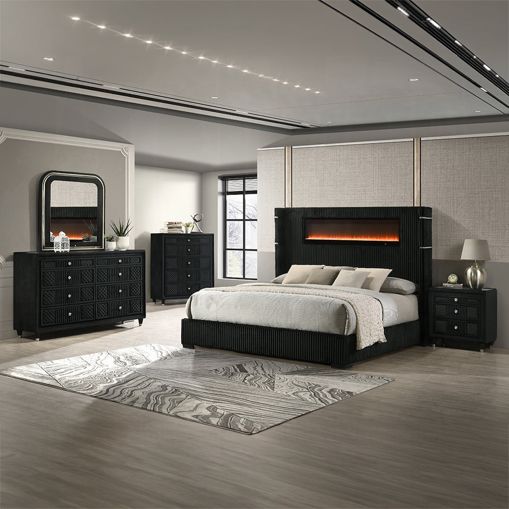 ReForm Creative Home Obsidian Smart Platform Bed with LED/ Fireplace/Reading Light/Speaker/Bluetooth/USB - Black Free Delivery USA & Canada