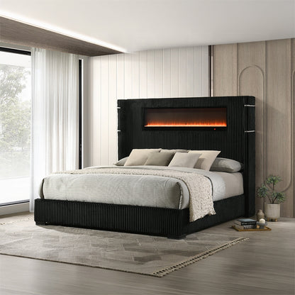 ReForm Creative Home Obsidian Smart Platform Bed with LED/ Fireplace/Reading Light/Speaker/Bluetooth/USB - Black Free Delivery USA & Canada