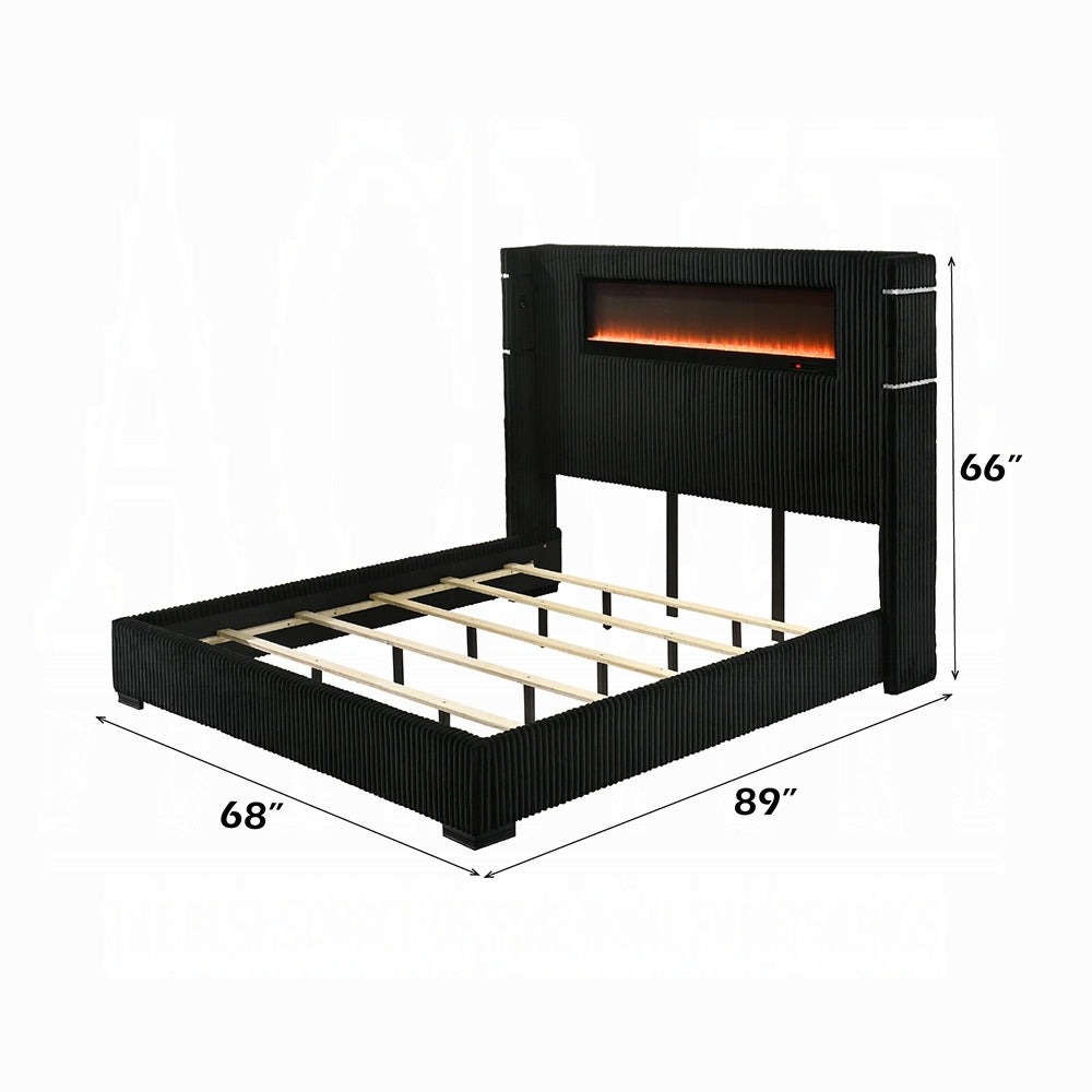 ReForm Creative Home Obsidian Smart Platform Bed with LED/ Fireplace/Reading Light/Speaker/Bluetooth/USB - Black Free Delivery USA & Canada