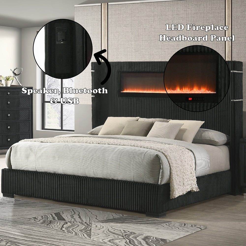ReForm Creative Home Obsidian Smart Platform Bed with LED/ Fireplace/Reading Light/Speaker/Bluetooth/USB - Black Free Delivery USA & Canada
