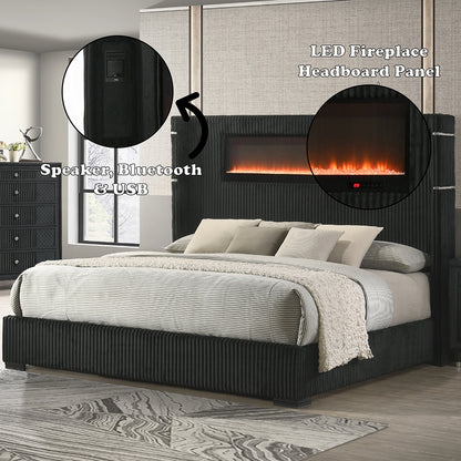 ReForm Creative Home Obsidian Smart Platform Bed with LED/ Fireplace/Reading Light/Speaker/Bluetooth/USB - Black Free Delivery USA & Canada