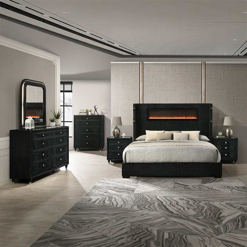 ReForm Creative Home Obsidian Smart Platform Bed with LED/ Fireplace/Reading Light/Speaker/Bluetooth/USB - Black Free Delivery USA & Canada