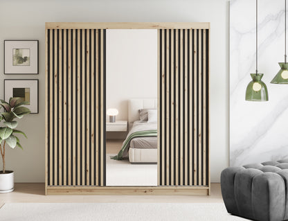 Emerio Mirrored 3 Sliding Door Freestanding Wardrobe - Maple Oak