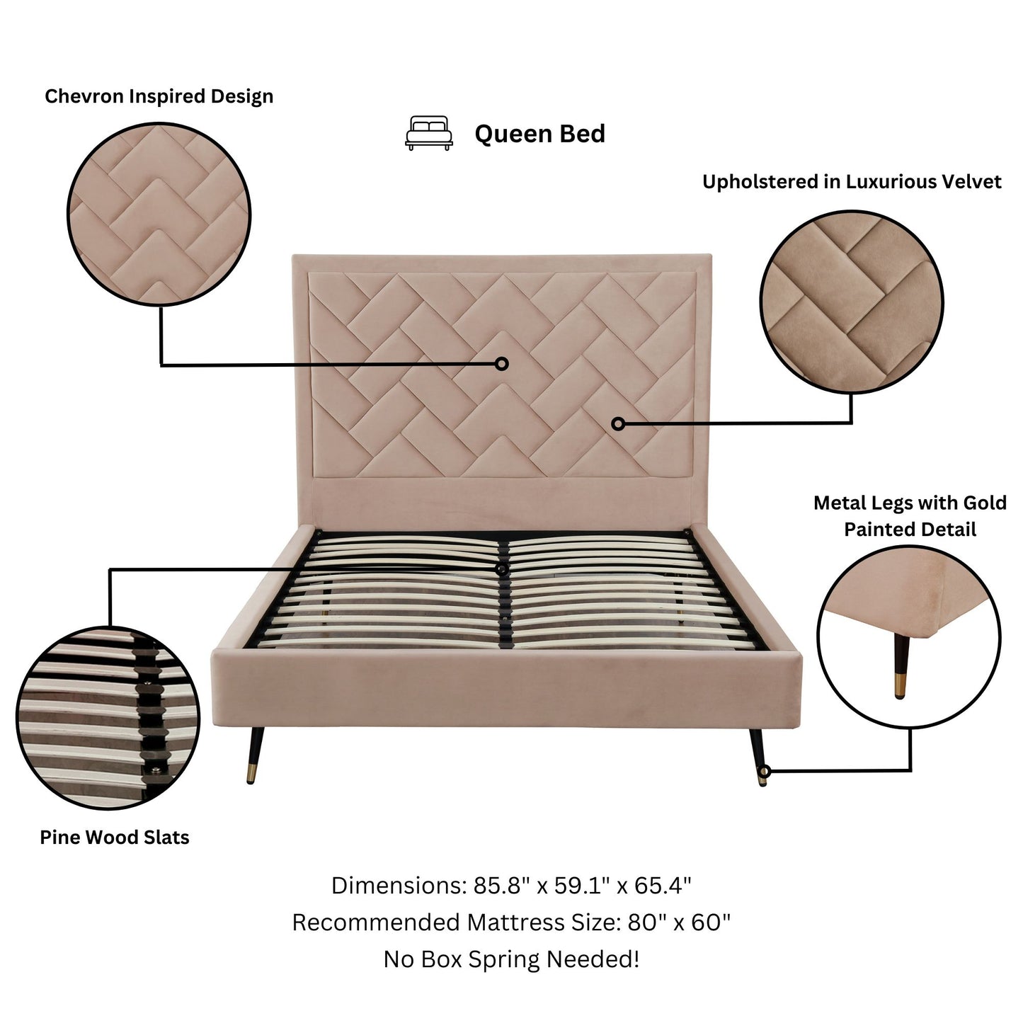 ReForm Creative Home Gallagher Upholstered Velvet Platform Queen Bed - Nude Beige Free Delivery USA & Canada
