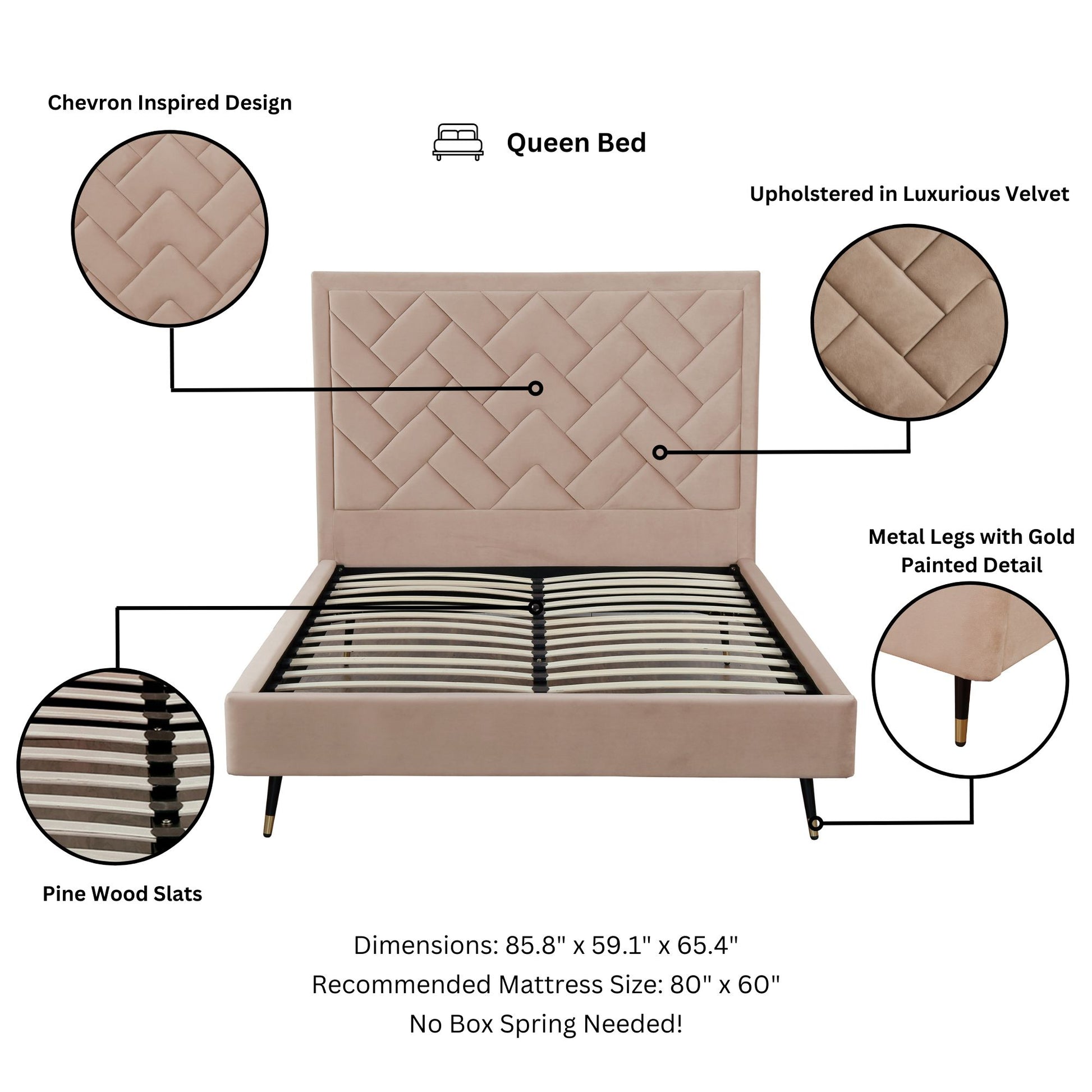 ReForm Creative Home Gallagher Upholstered Velvet Platform Queen Bed - Nude Beige Free Delivery USA & Canada