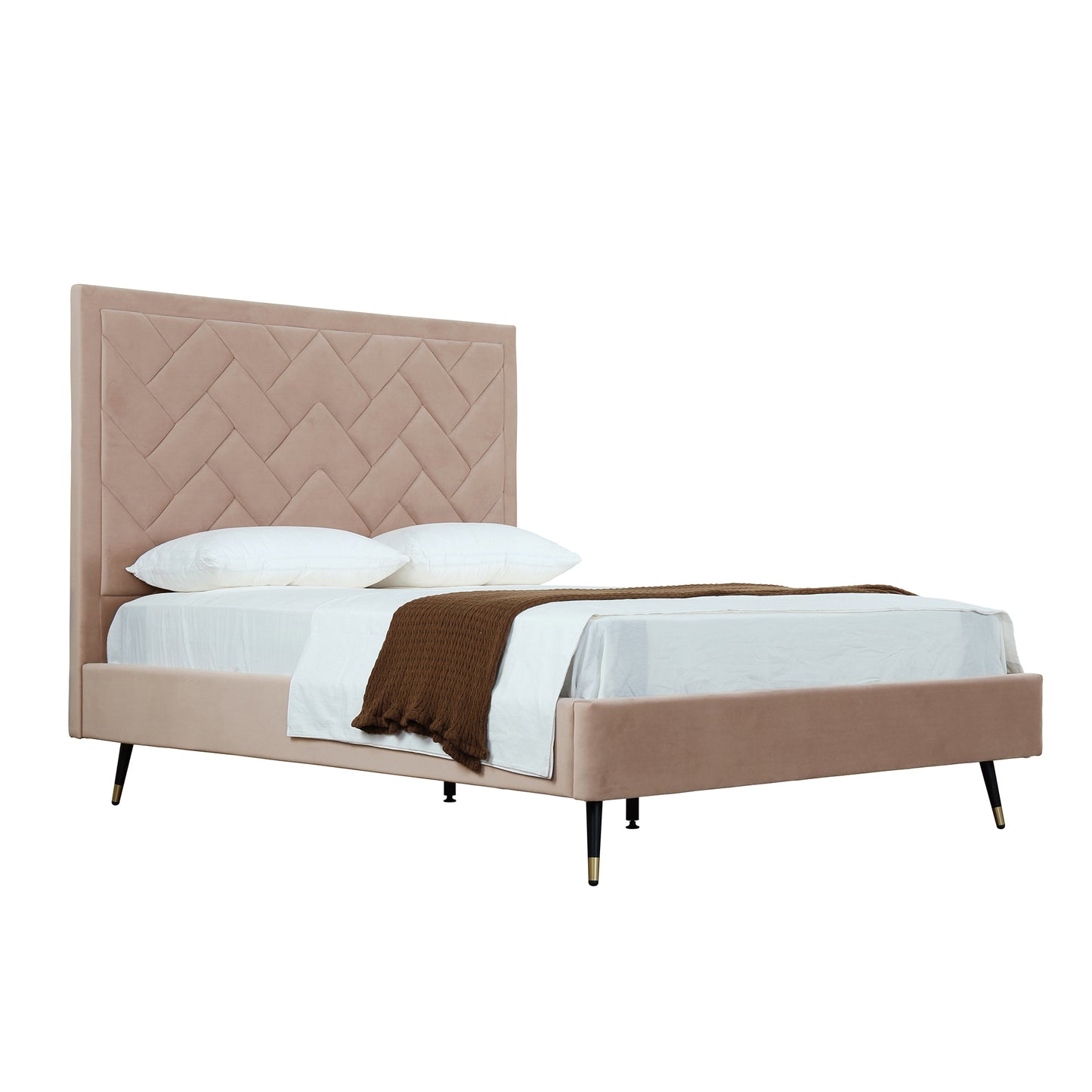 ReForm Creative Home Gallagher Upholstered Velvet Platform Queen Bed - Nude Beige Free Delivery USA & Canada