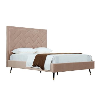 ReForm Creative Home Gallagher Upholstered Velvet Platform Queen Bed - Nude Beige Free Delivery USA & Canada