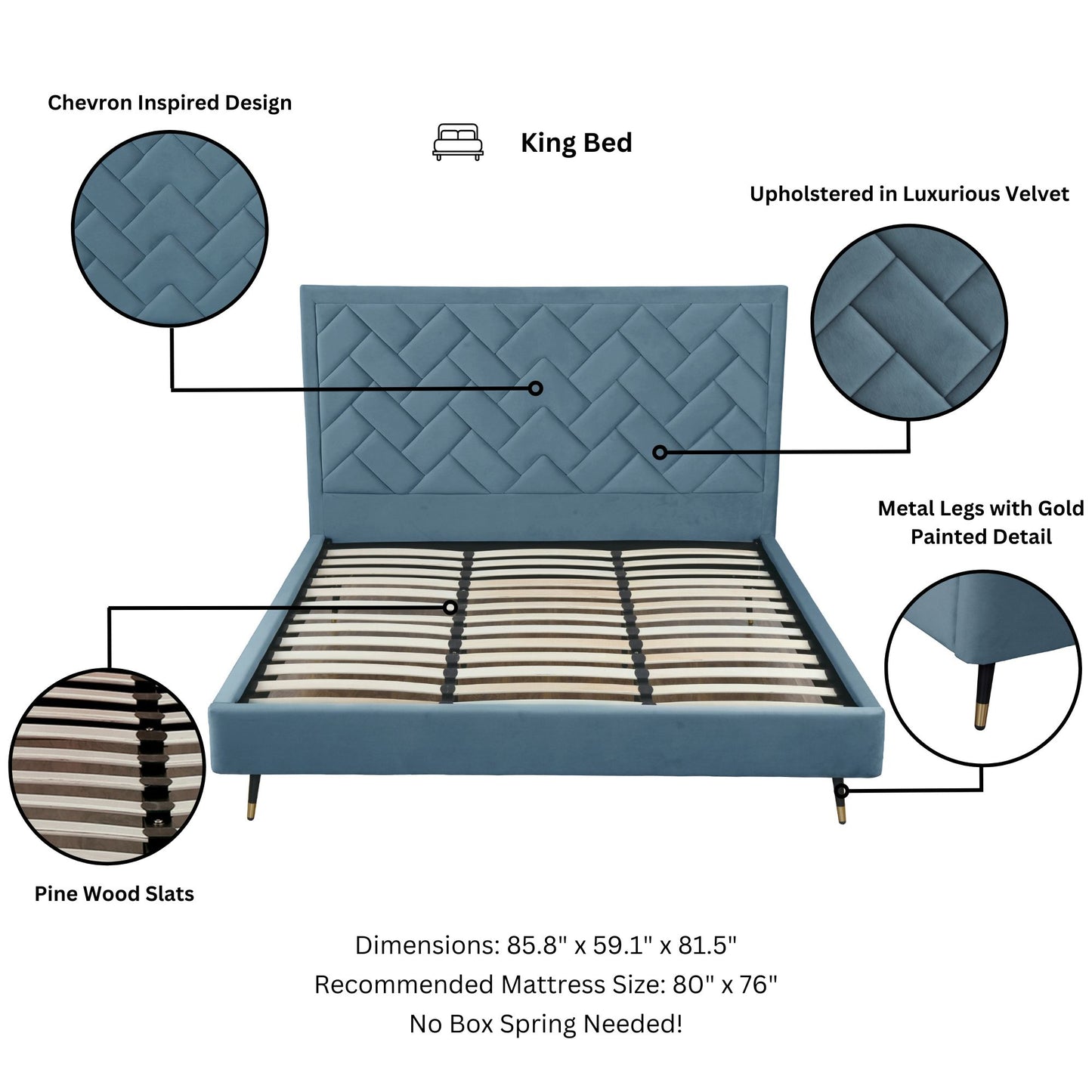 ReForm Creative Home Gallagher Upholstered Velvet Platform Bed - Blue Free Delivery USA & Canada