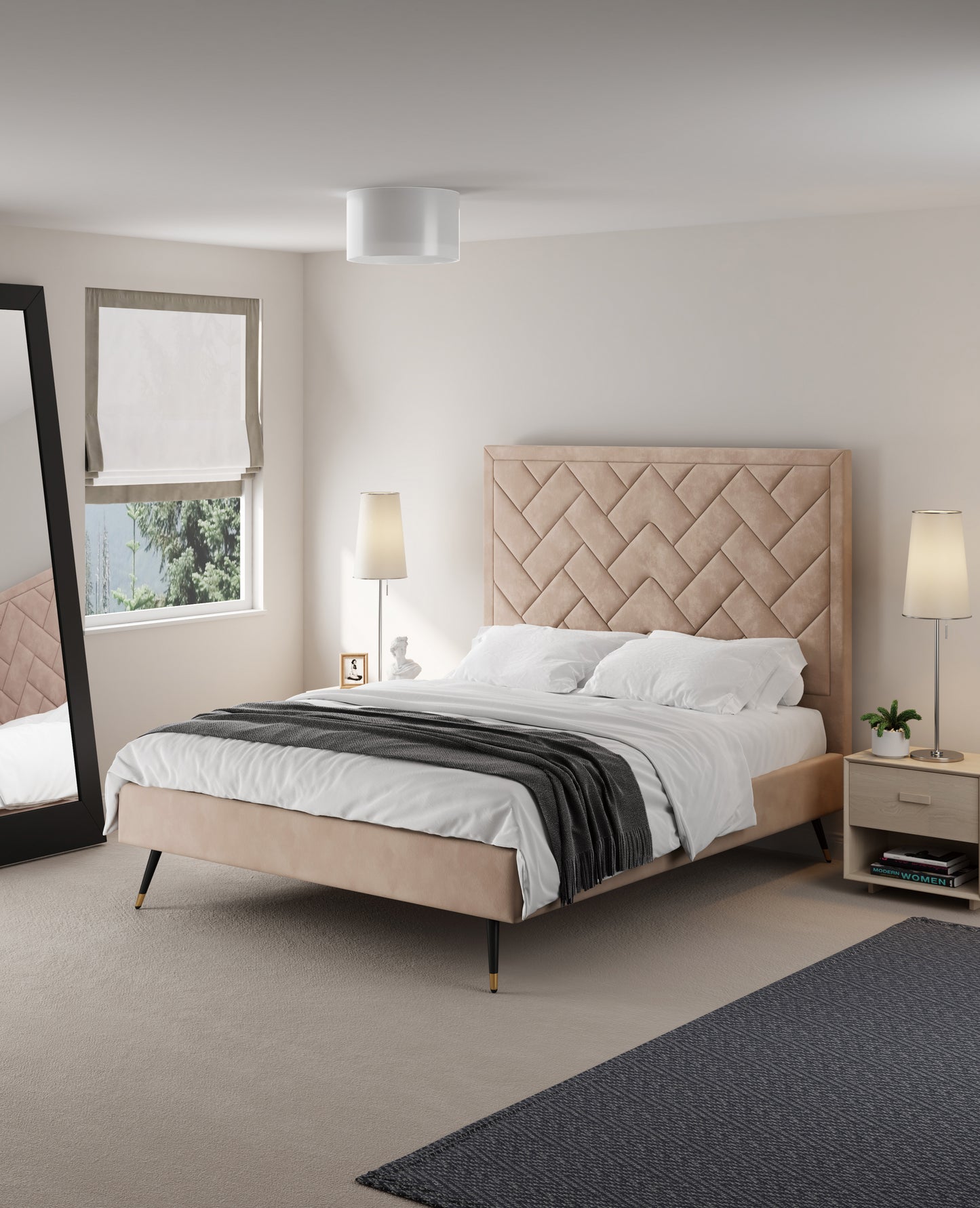 ReForm Creative Home Gallagher Upholstered Velvet Platform Queen Bed - Nude Beige Free Delivery USA & Canada