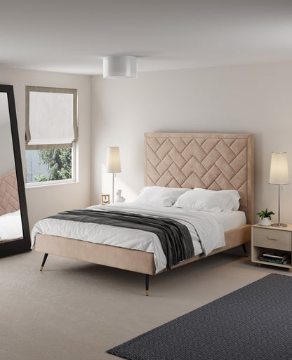 ReForm Creative Home Gallagher Upholstered Velvet Platform Queen Bed - Nude Beige Free Delivery USA & Canada