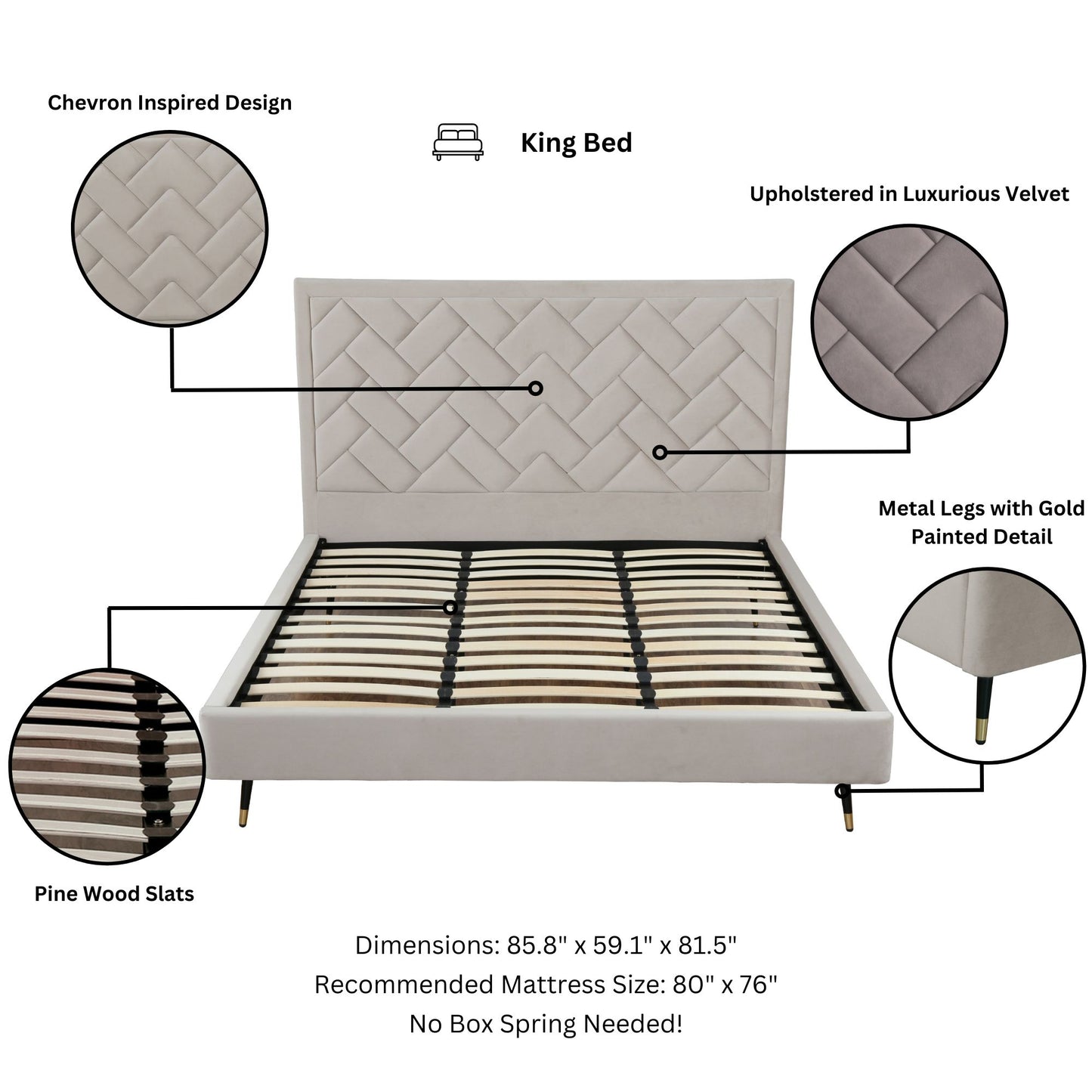 ReForm Creative Home Gallagher Upholstered Velvet Platform Bed - Greige Free Delivery USA & Canada
