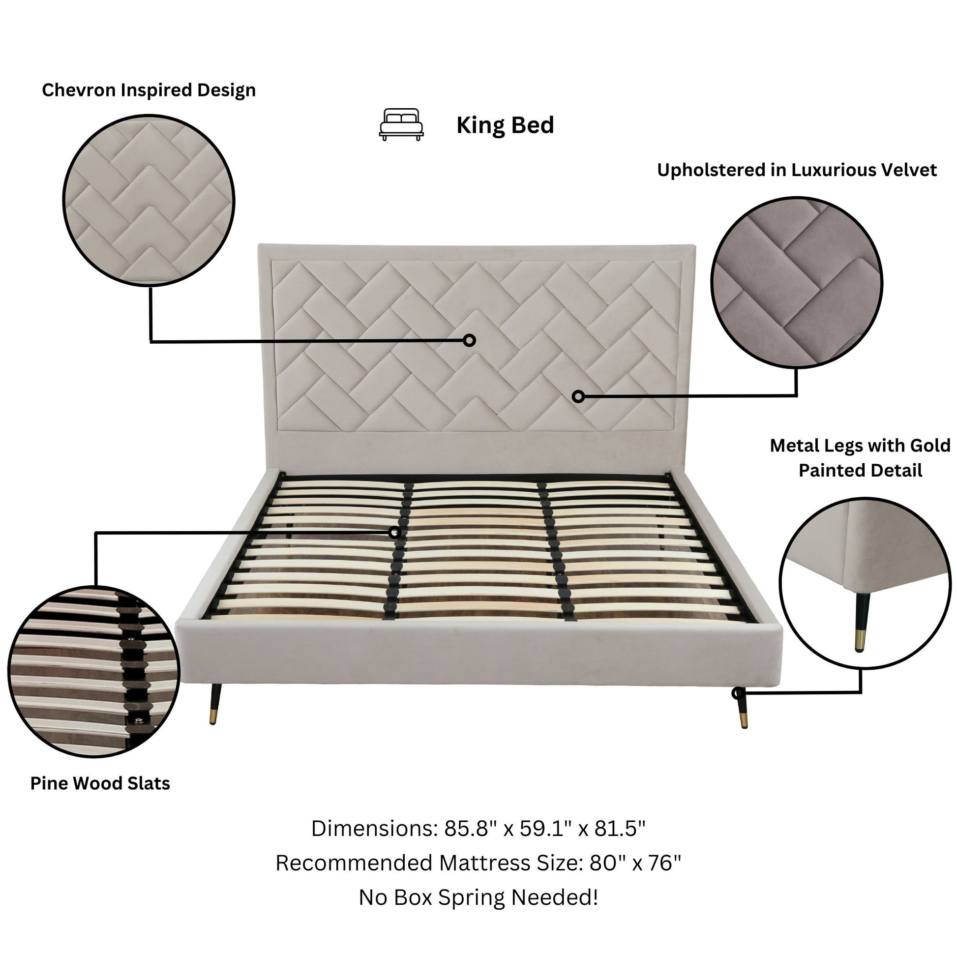 ReForm Creative Home Gallagher Upholstered Velvet Platform Bed - Greige Free Delivery USA & Canada