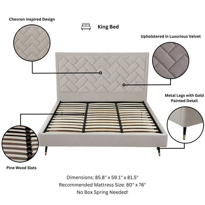 ReForm Creative Home Gallagher Upholstered Velvet Platform Bed - Greige Free Delivery USA & Canada
