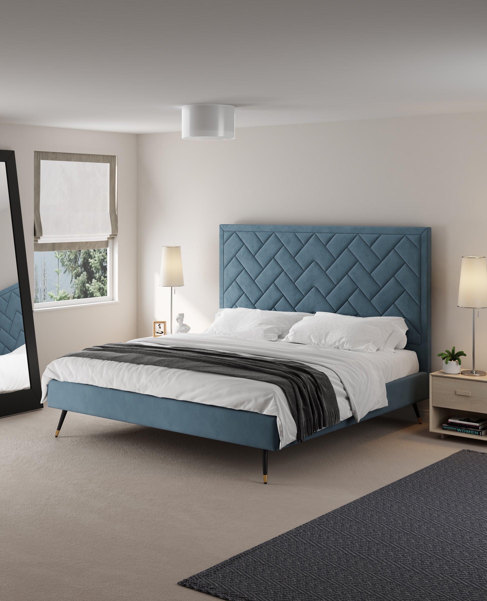 ReForm Creative Home Gallagher Upholstered Velvet Platform Bed - Blue Free Delivery USA & Canada