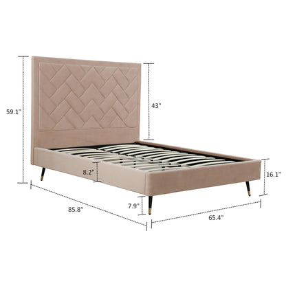 ReForm Creative Home Gallagher Upholstered Velvet Platform Queen Bed - Nude Beige Free Delivery USA & Canada