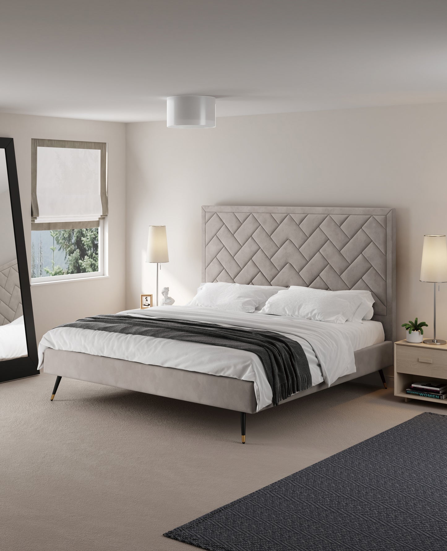 ReForm Creative Home Gallagher Upholstered Velvet Platform Bed - Greige Free Delivery USA & Canada