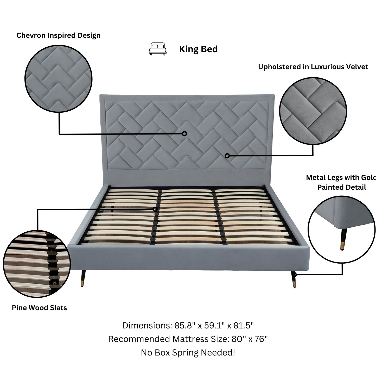 ReForm Creative Home Gallagher Upholstered Velvet Platform Bed - Grey Free Delivery USA & Canada