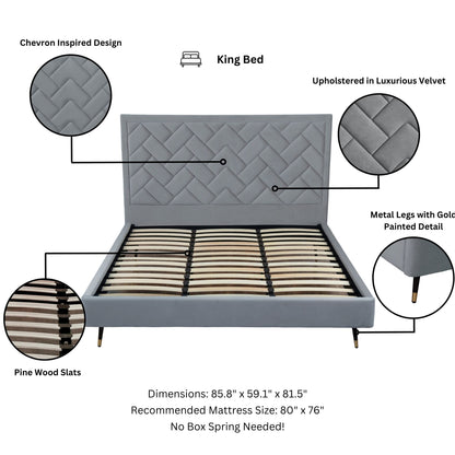 ReForm Creative Home Gallagher Upholstered Velvet Platform Bed - Grey Free Delivery USA & Canada