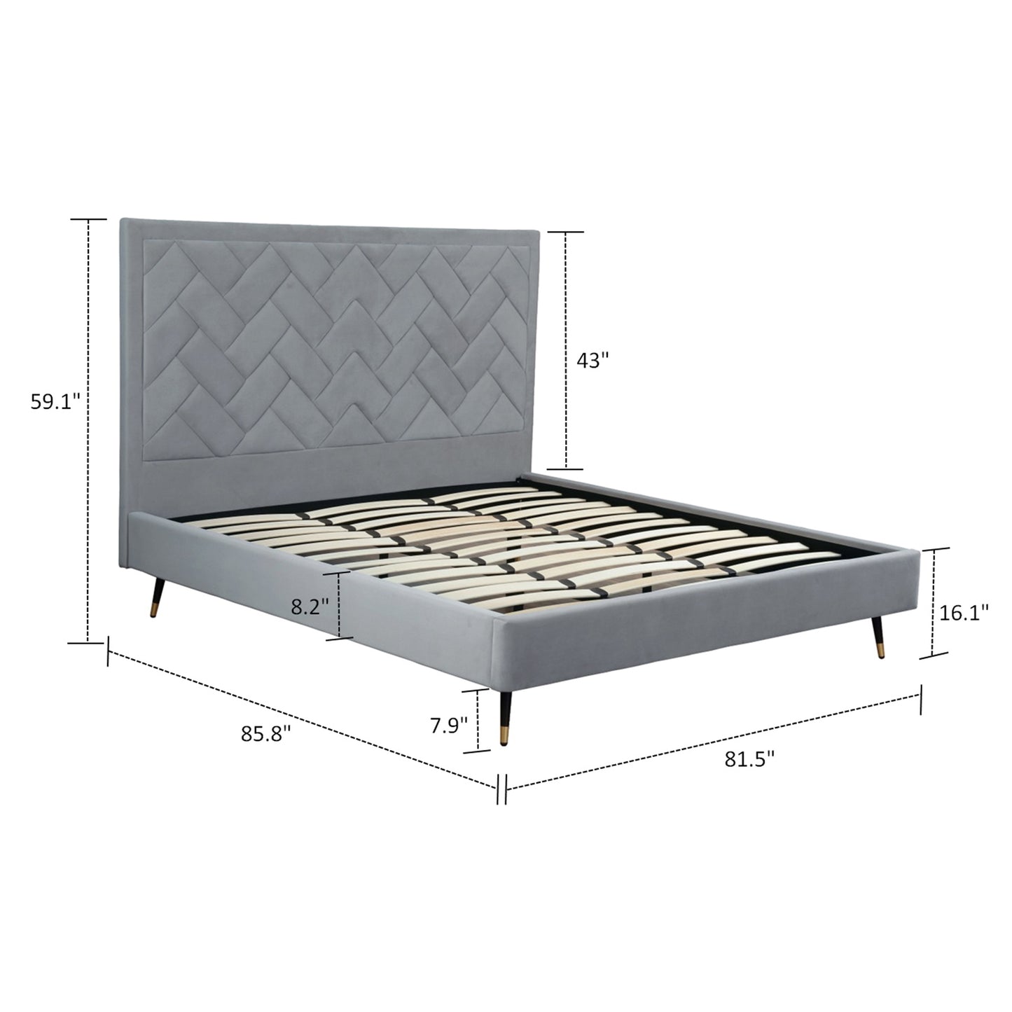 ReForm Creative Home Gallagher Upholstered Velvet Platform Bed - Grey Free Delivery USA & Canada