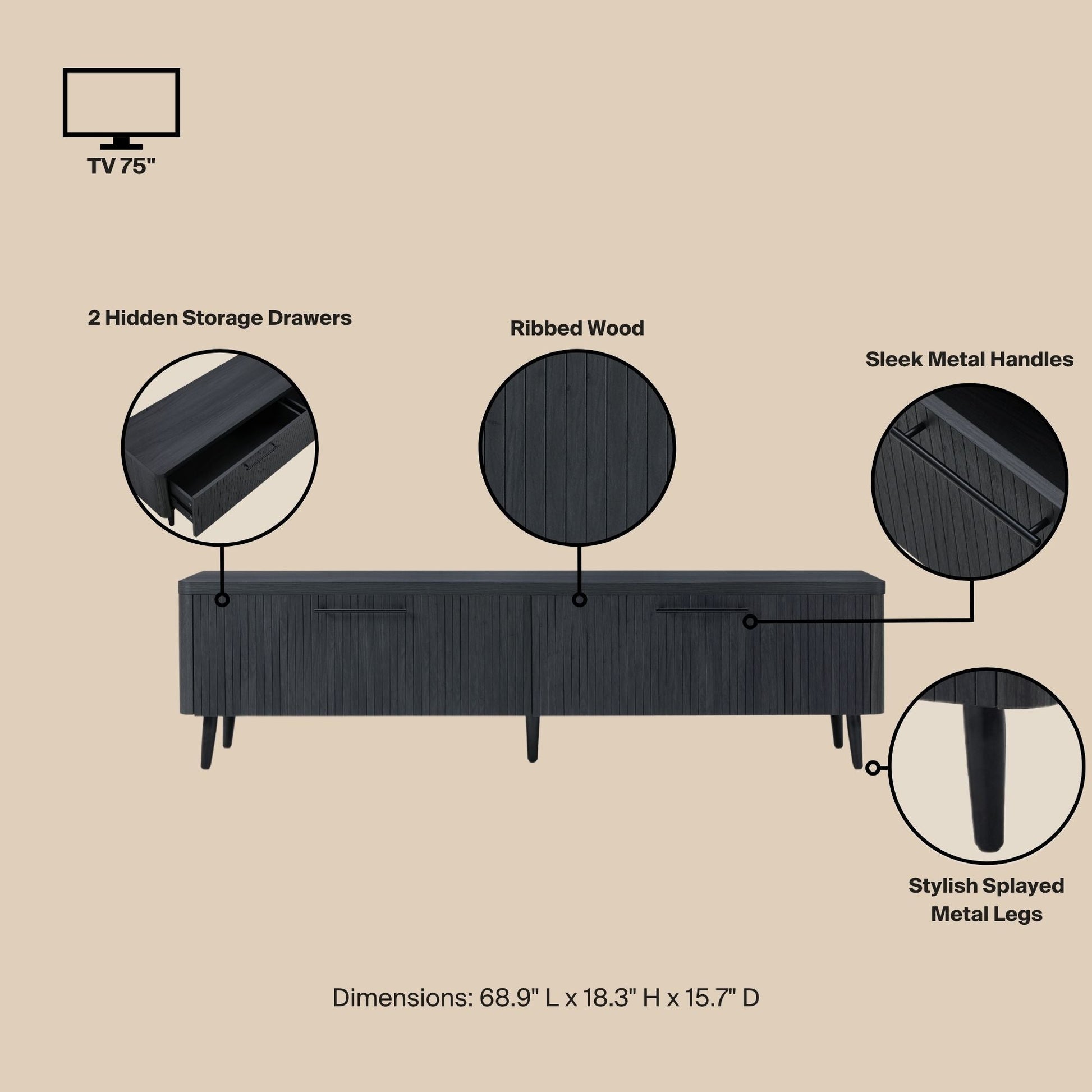 ReForm Creative Home-Tempo 69" Fluted TV Stand with 2 Drawers - Multiple Color Options