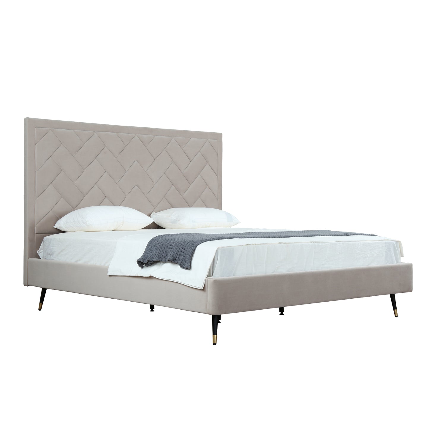 ReForm Creative Home Gallagher Upholstered Velvet Platform Bed - Greige Free Delivery USA & Canada