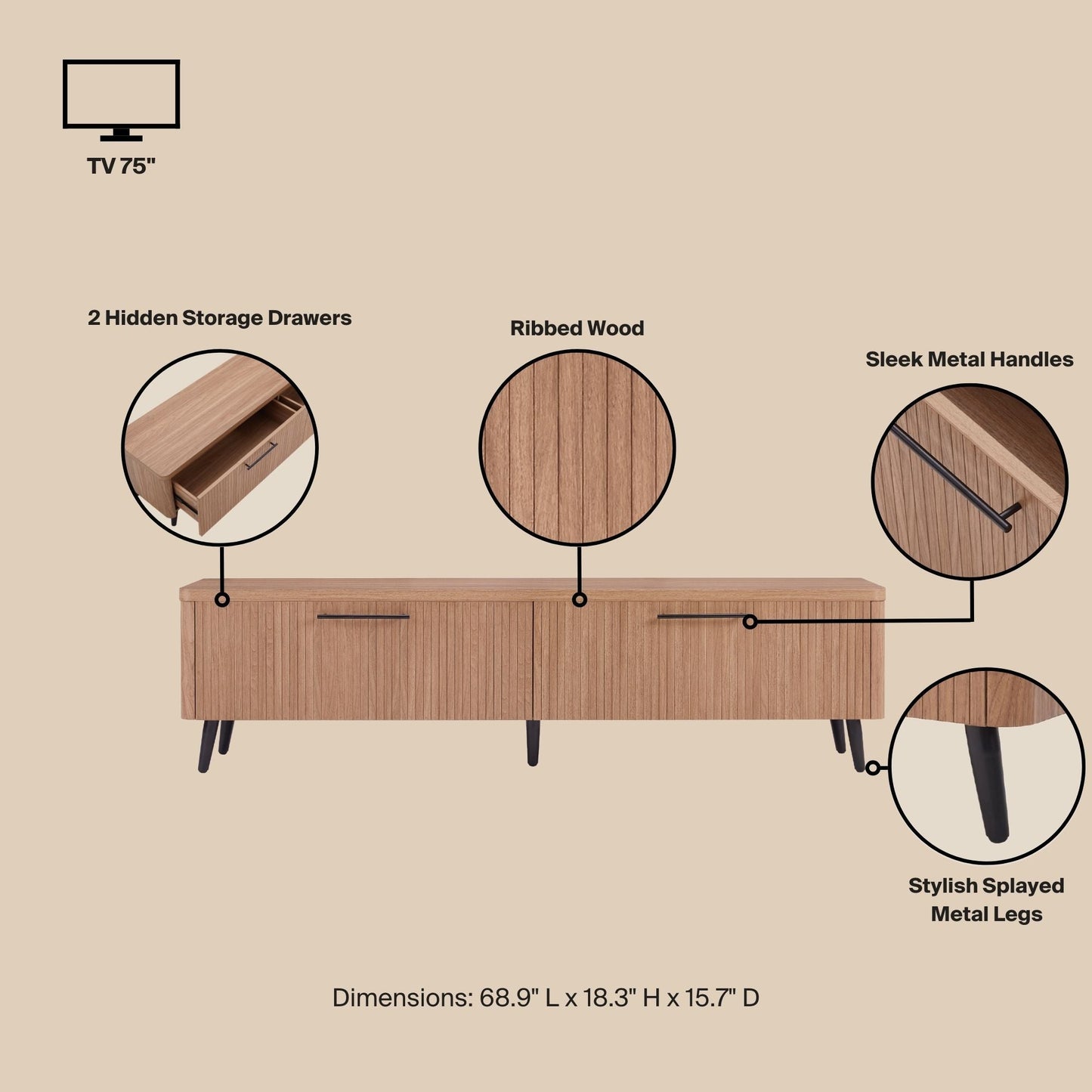 ReForm Creative Home-Tempo 69" Fluted TV Stand with 2 Drawers - Multiple Color Options