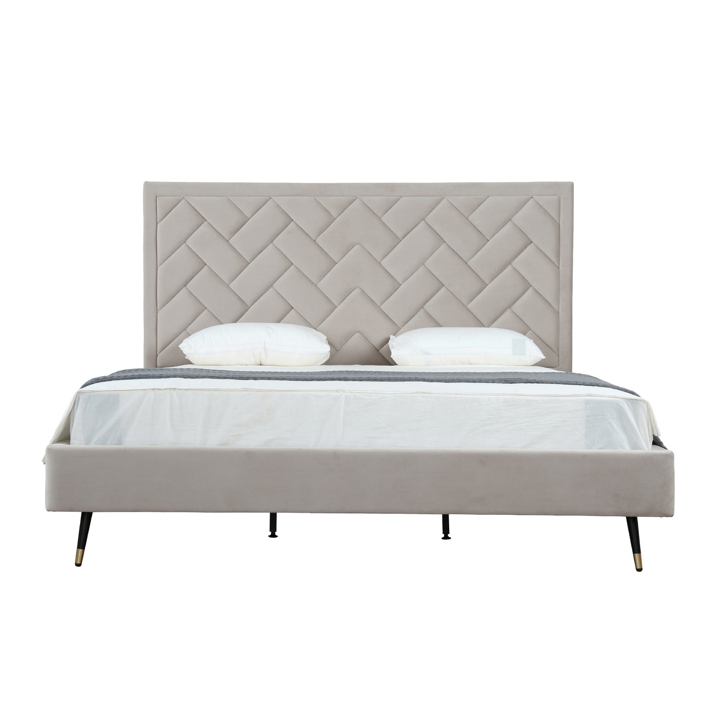 ReForm Creative Home Gallagher Upholstered Velvet Platform Bed - Greige Free Delivery USA & Canada