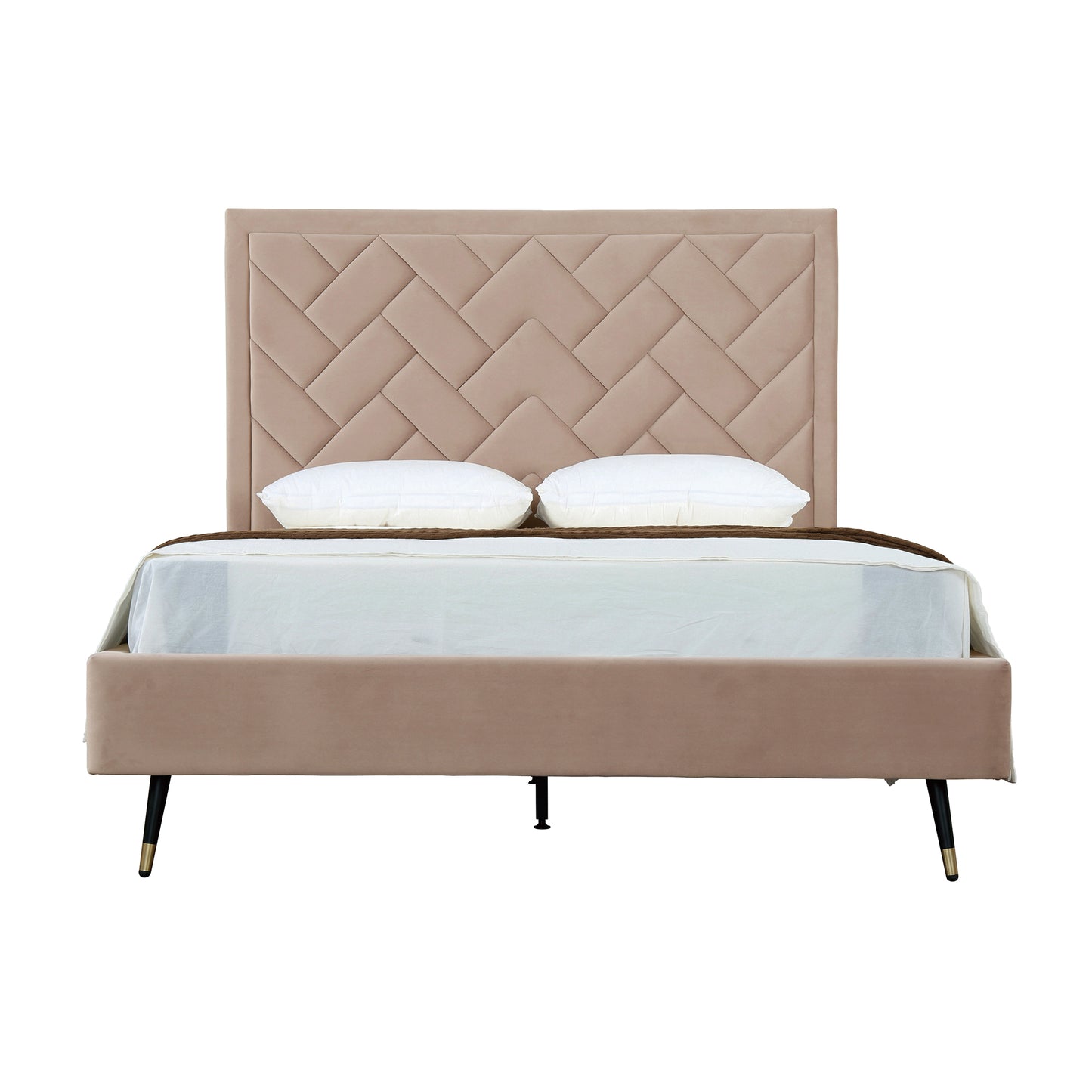 ReForm Creative Home Gallagher Upholstered Velvet Platform Queen Bed - Nude Beige Free Delivery USA & Canada