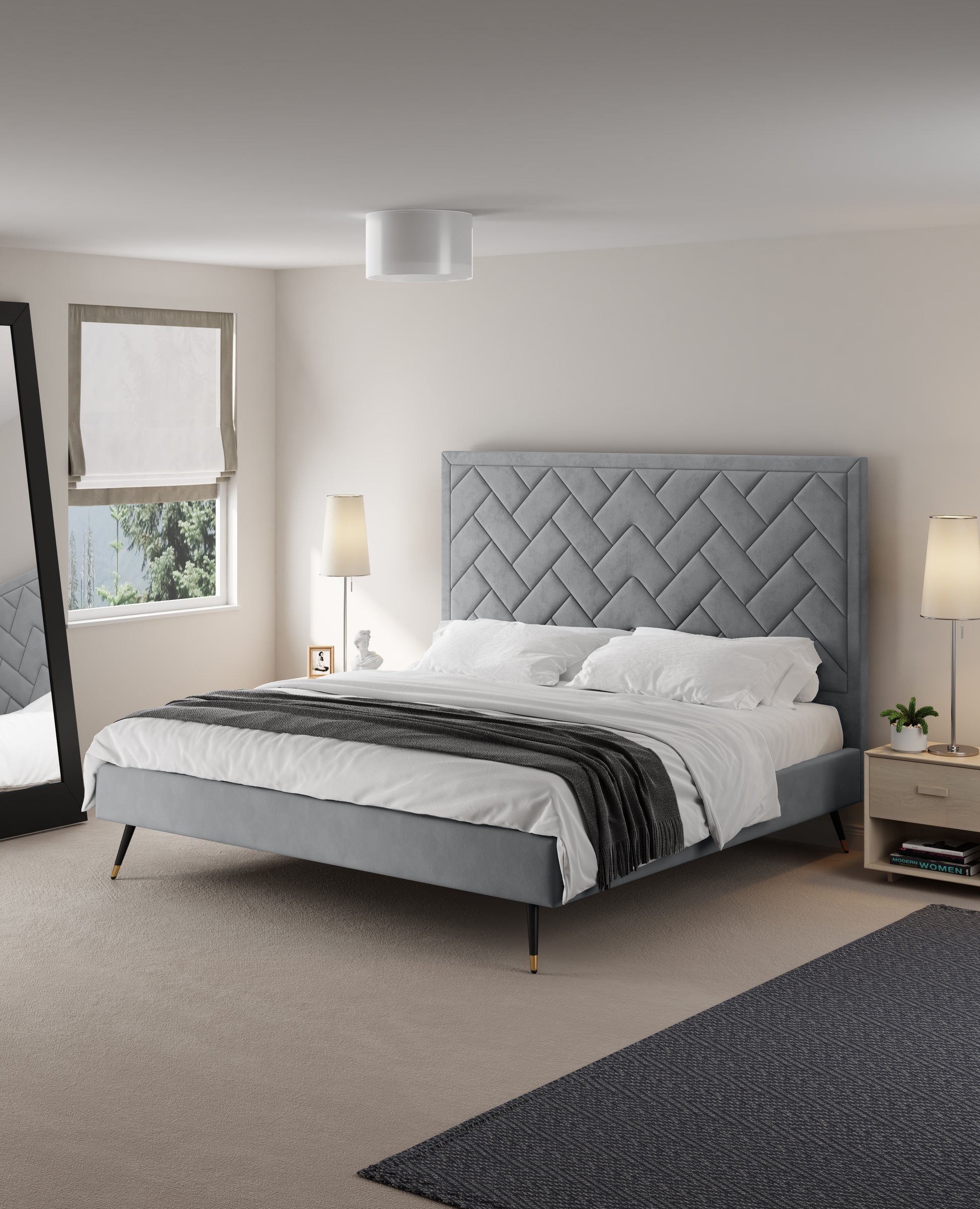 ReForm Creative Home Gallagher Upholstered Velvet Platform Bed - Grey Free Delivery USA & Canada