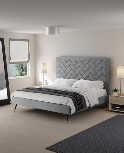 ReForm Creative Home Gallagher Upholstered Velvet Platform Bed - Grey Free Delivery USA & Canada