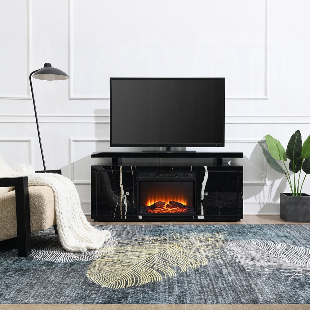 Noir Mirrored 60" TV Stand/Fireplace - Black