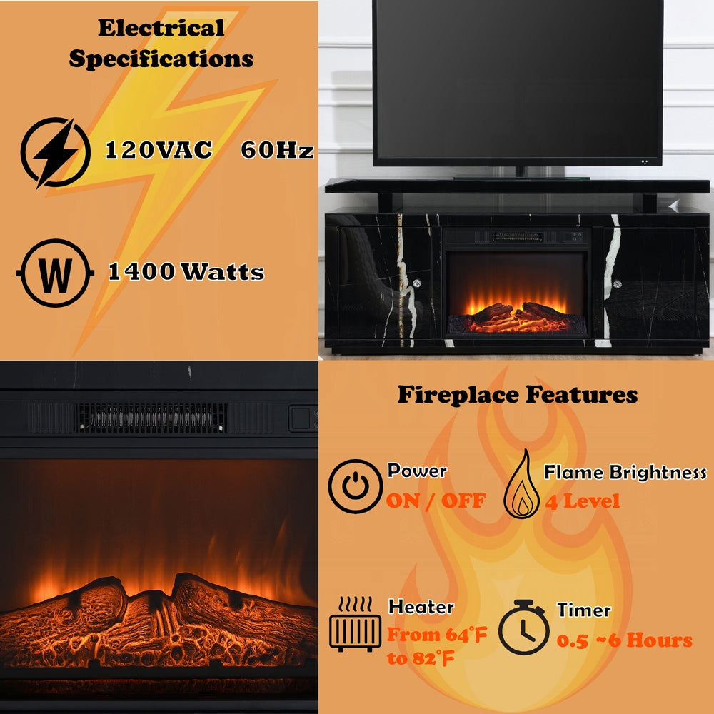 Noir Mirrored 60" TV Stand/Fireplace - Black