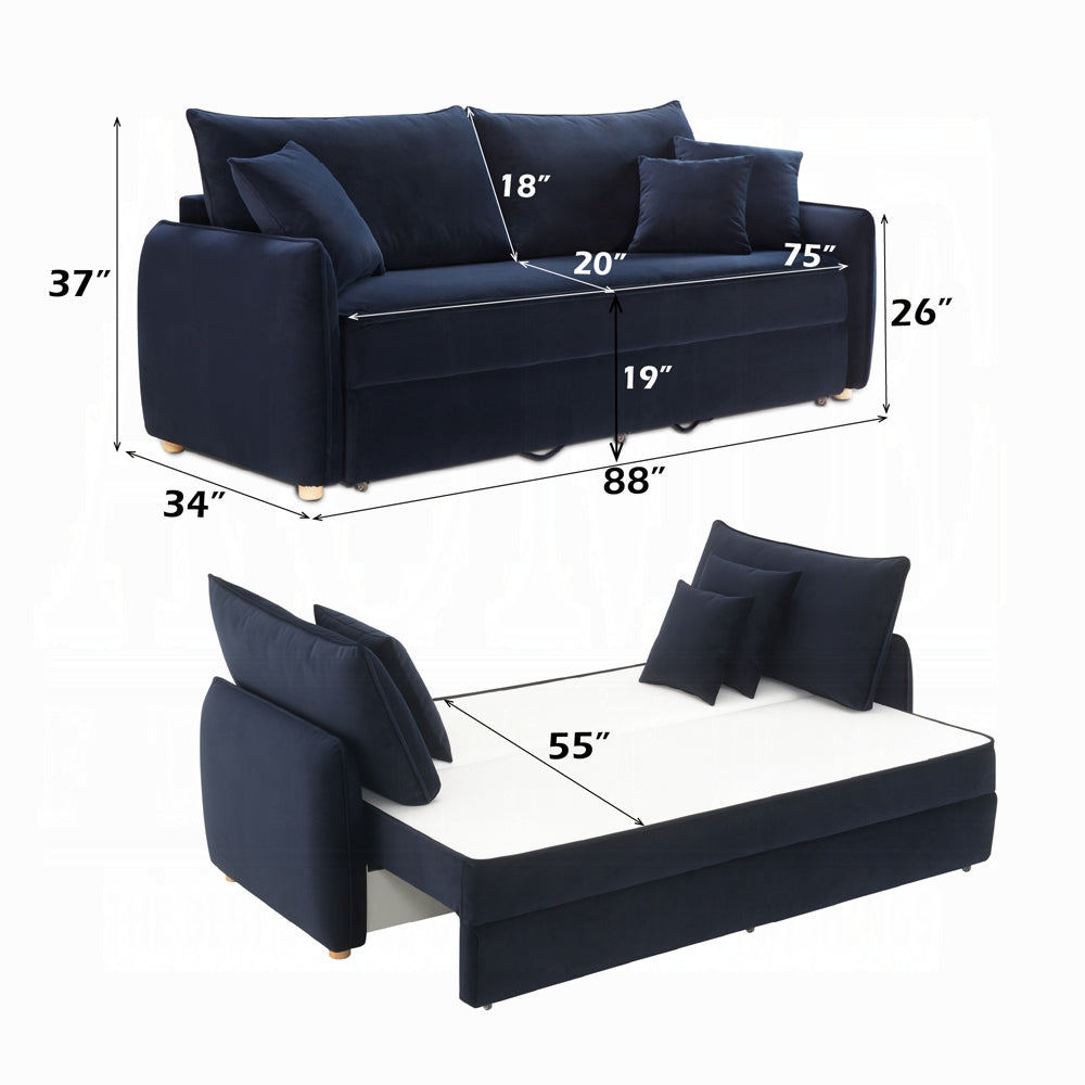 Bica Velvet Condo Size Sleeper Sofa w/Storage - Navy Blue
